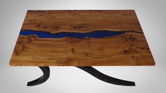 Table basse en loupe d'orme massive et résine bleue